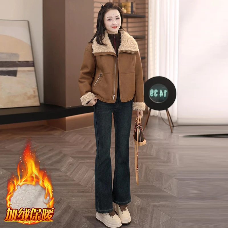 2025年冬季新款加绒加厚毛毛翻领短外套女时尚休闲百搭显瘦上衣潮