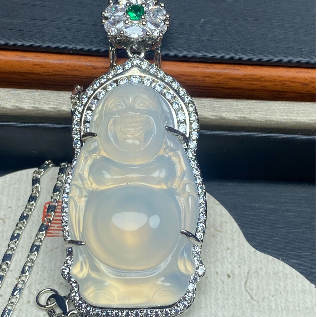 高冰透镶嵌精美玛瑙玉髓时尚大肚佛公百搭吊坠相框玉坠挂件项链