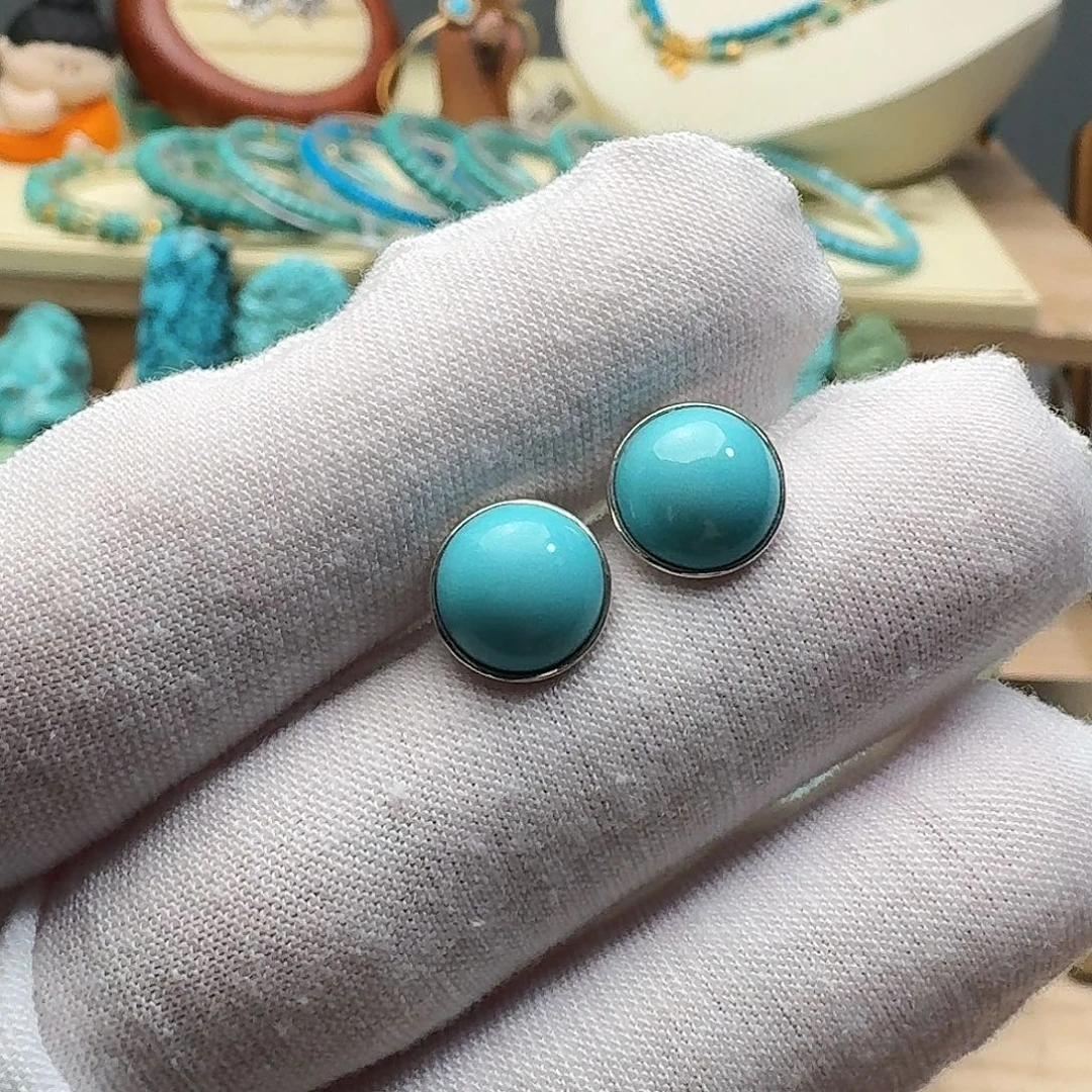 绿松石银S925镶嵌高瓷蓝简约正圆款耳钉