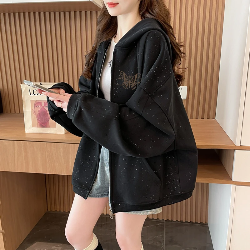 小心机满天星连帽开衫拉链外套女秋冬季新款宽松中长款上衣ins潮