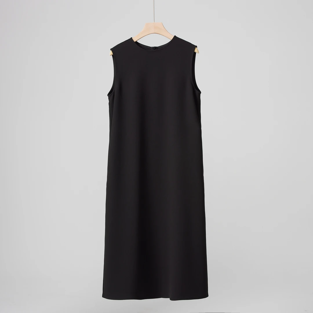 进口三醋酸连衣裙双面乱麻及简ROW风气质圆领无袖背心裙0091