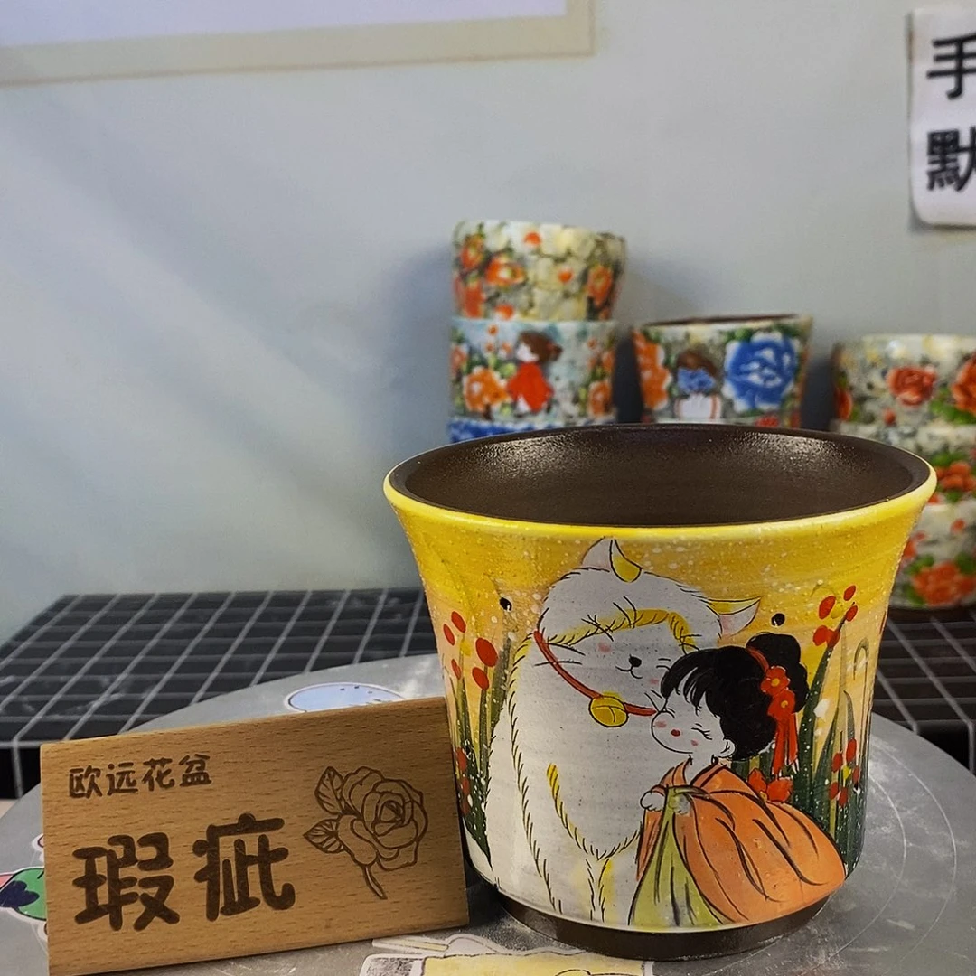 紫砂花盆红陶手绘花盆