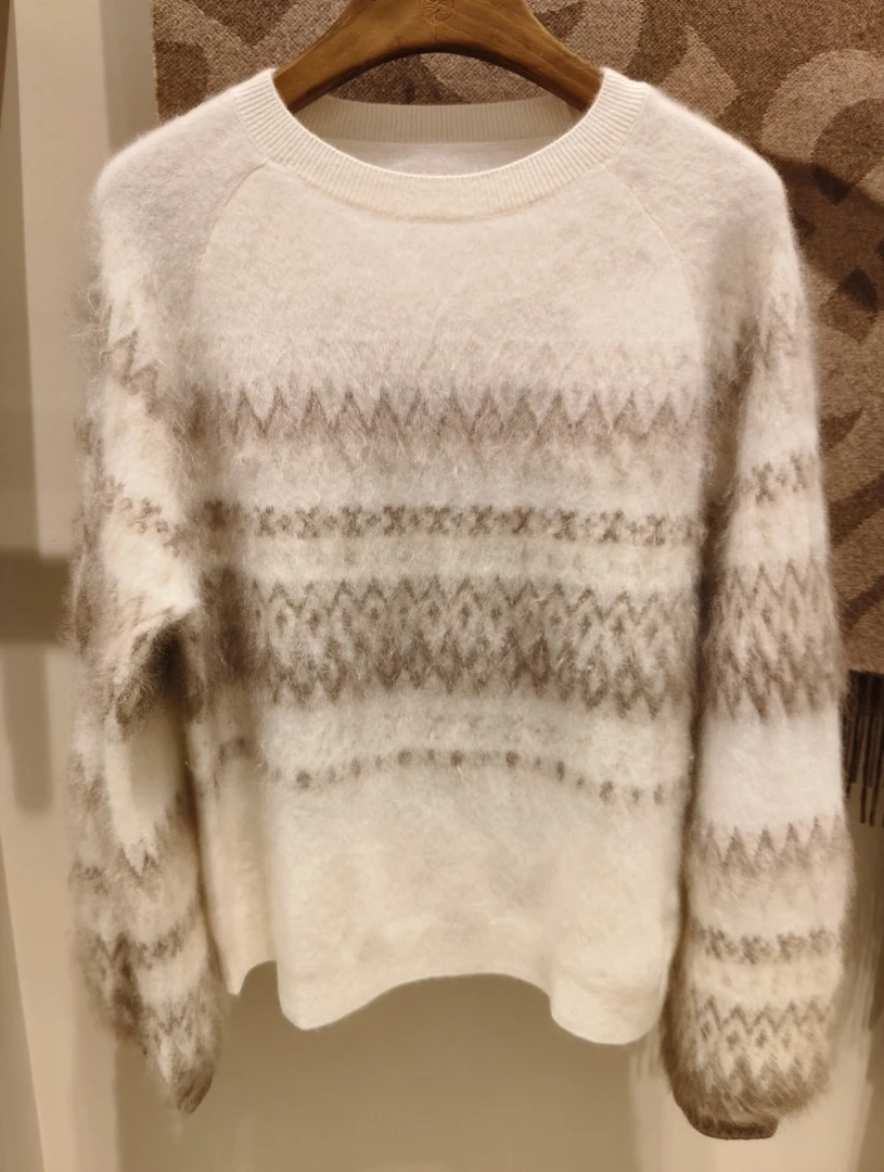 “温软约定“100%纯山羊绒圆领费尔岛拉绒针织上衣绒感