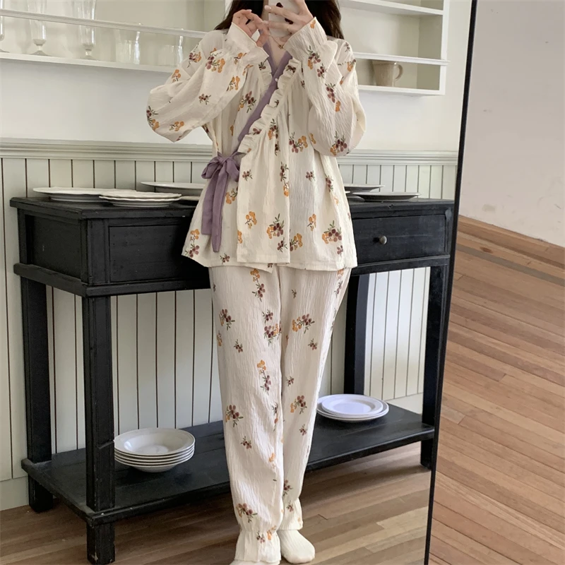 芯语婷春秋季新款雅韵花朵女士云朵泡泡纱睡衣长袖家居服可外穿