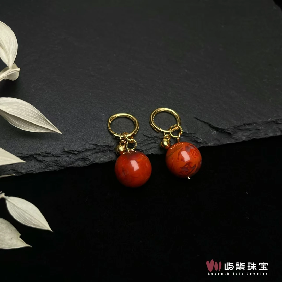 【要努力】E200 玛瑙银S925镶嵌 南红金色耳饰13m（大）