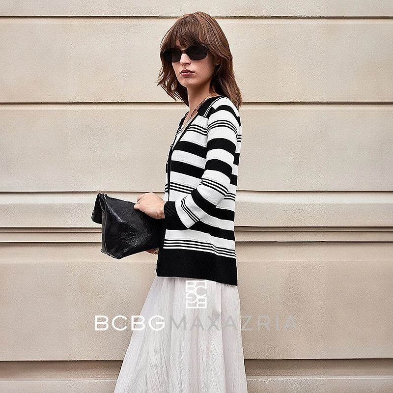 BCBGMAXAZRIA秋冬时髦精致范撞色条纹提花女士针织衫BMC07AZ1870