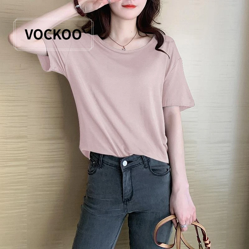 VOCKOO粉色圆领莫代尔短袖t恤女2025新款夏季冰丝面膜宽松体恤薄