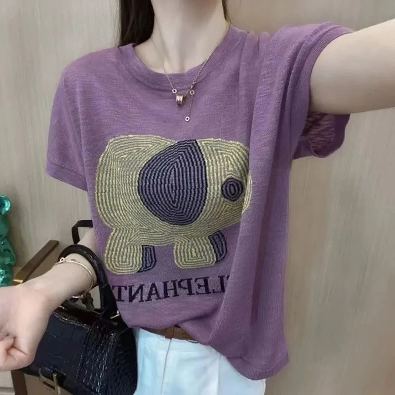 清仓捡漏~大码200斤T恤女2025新款夏季大象图案减龄时尚柔软上衣