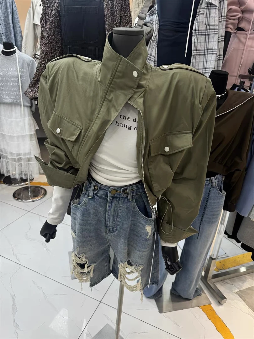 美式复古炸街工装风翻领外套新款设计感抽绳收腰短款工装夹克上衣