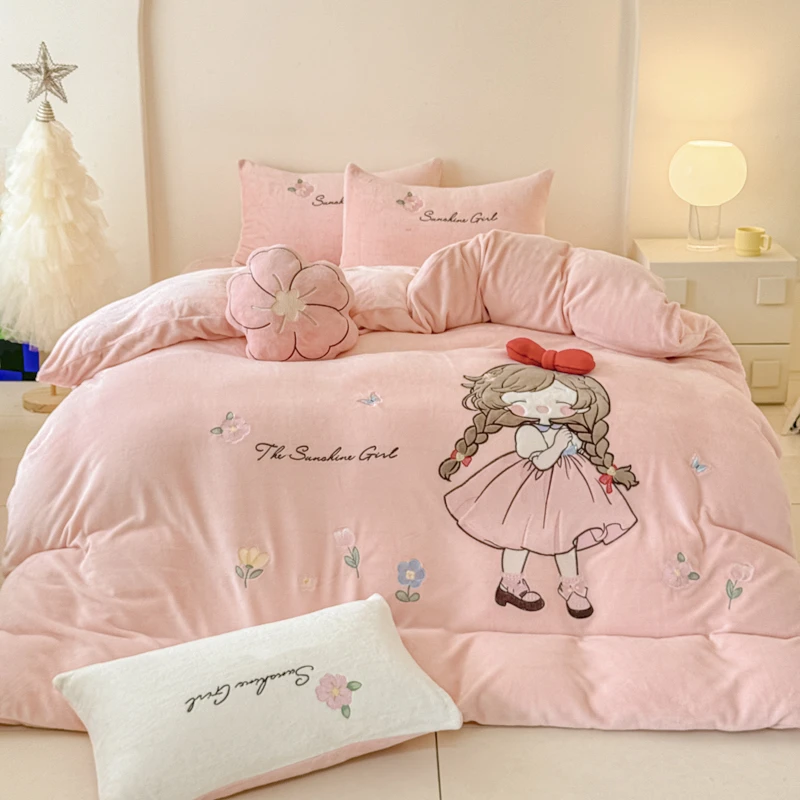 冬季可爱女孩牛奶绒四件套加厚双面珊瑚绒儿童卡通被套床上用品