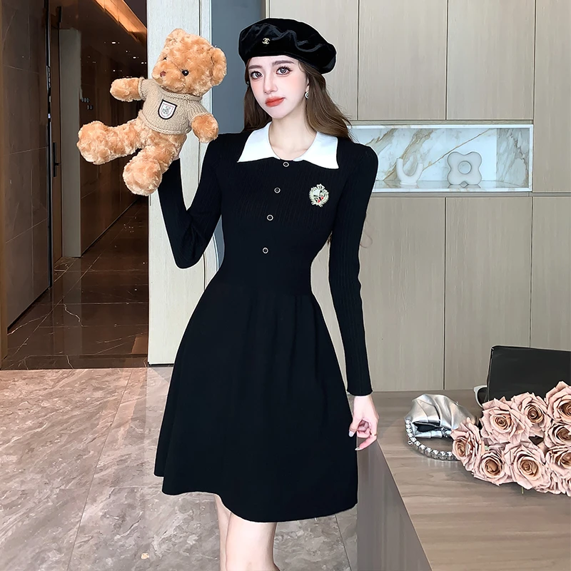 实拍高级感法式小香风女针织连衣裙小个子收腰显瘦气质小黑裙