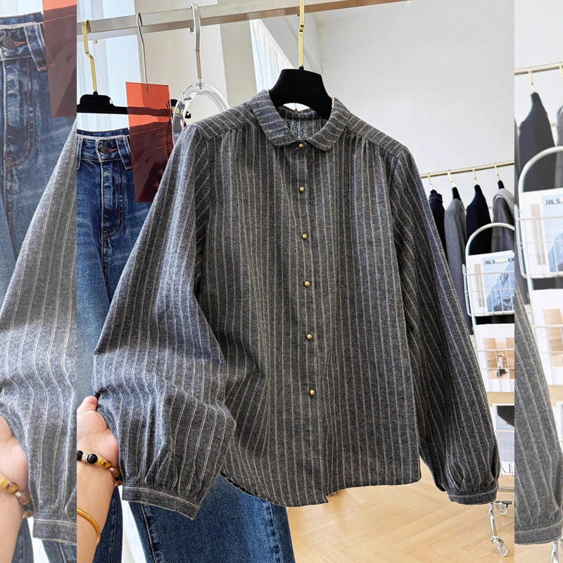 翻领长袖条纹衬衫上衣女装春秋新款大码宽松韩系好看百搭衬衣爆款
