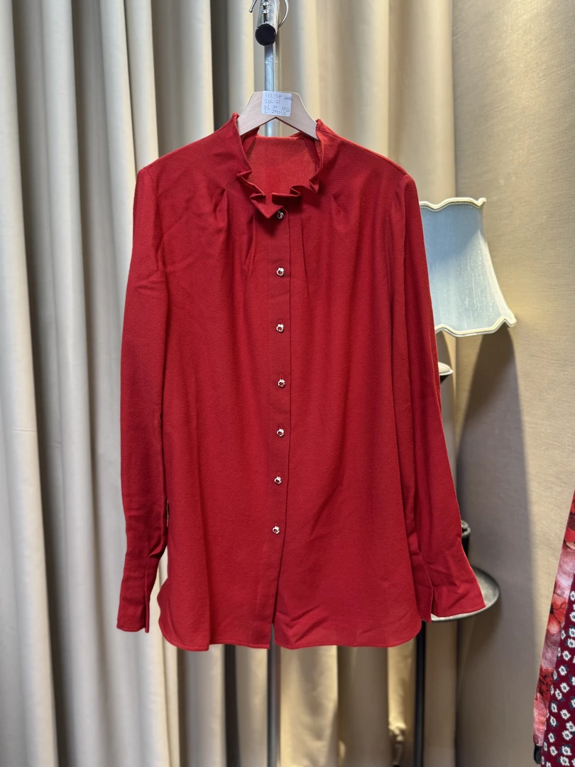 【多米拉】S025绯霞折领圆领红色长袖衬衫休闲百搭上衣女装