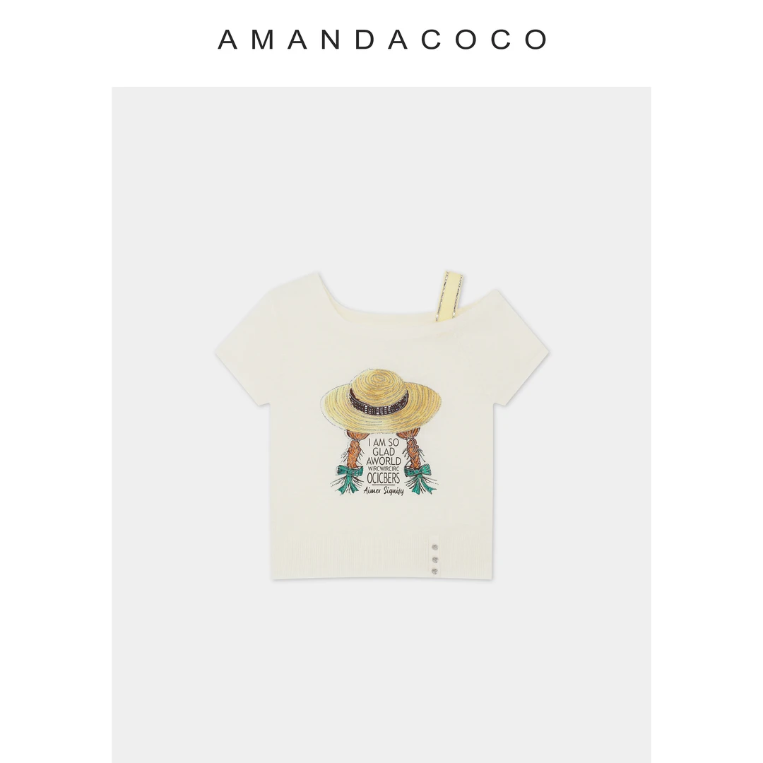 NANA# 午后悠然～薄款烫钻草帽字母刺绣露肩短袖针织衫