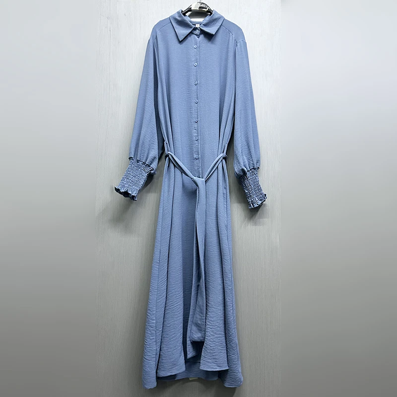 外贸原单170高个子新款长袖POLO领单排扣A字裙女装百搭宽松连衣裙