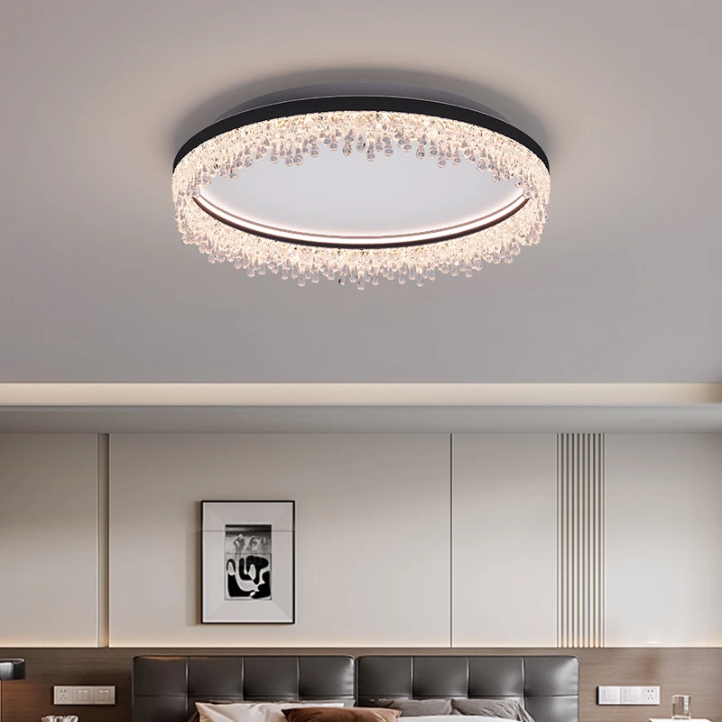 卧室吸顶灯新款中古风胡桃木色复古圆形高级感冰山水滴护眼卧室灯