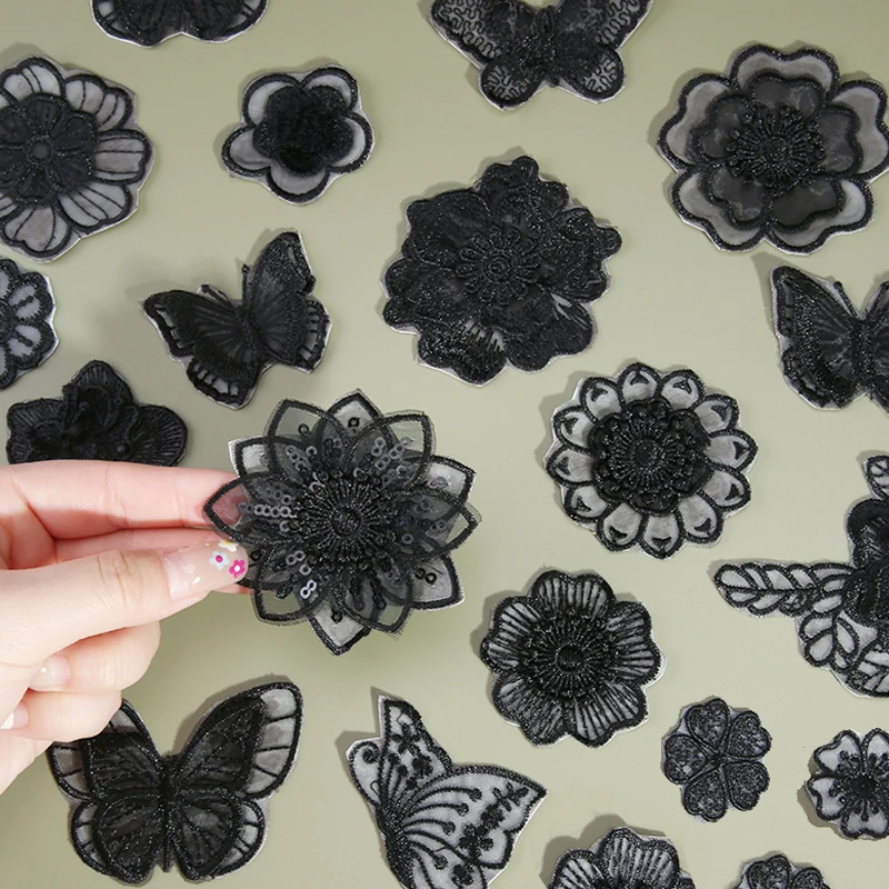 免缝自粘黑色蕾丝花边补丁贴贴纸欧根纱破洞衣服贴图案布贴