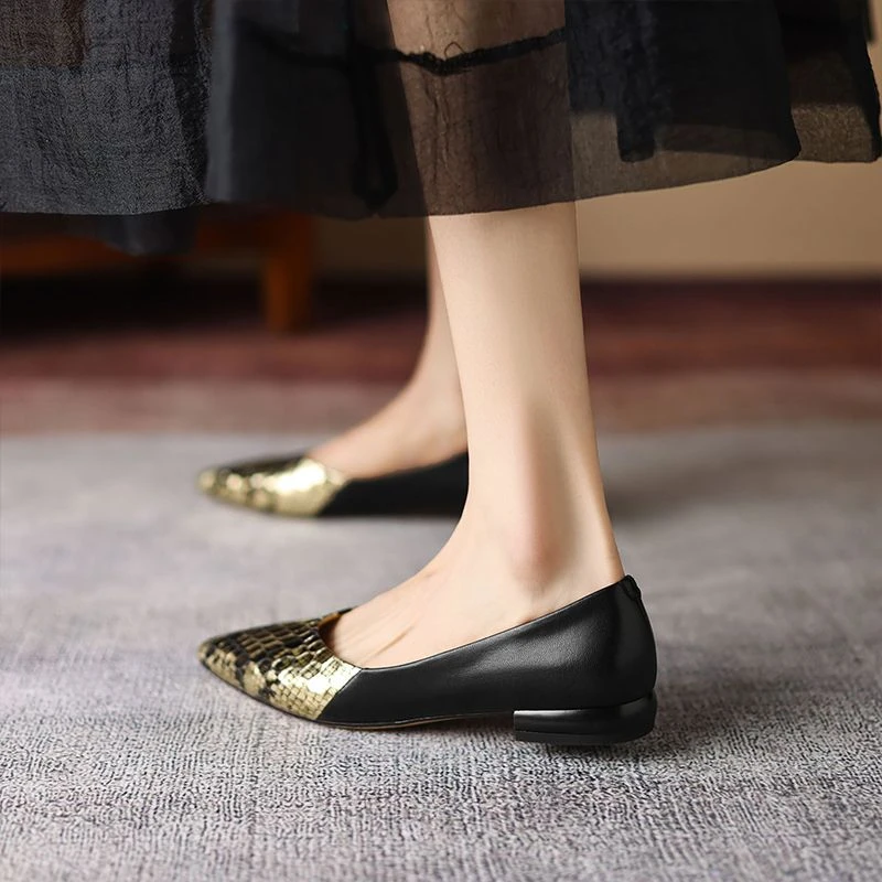 羊皮版真皮蛇纹千金风时尚尖头单鞋女浅口春夏新款一脚蹬通勤瓢鞋