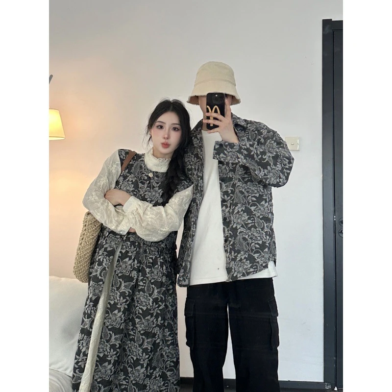 2025秋季牛仔情侣装新中式文艺国风ins叠穿连衣裙+马甲裙