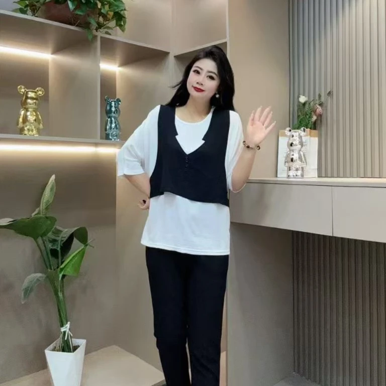 春季两件套-双 9212时尚休闲简约洋气马甲百搭款胖MM大码女装新款