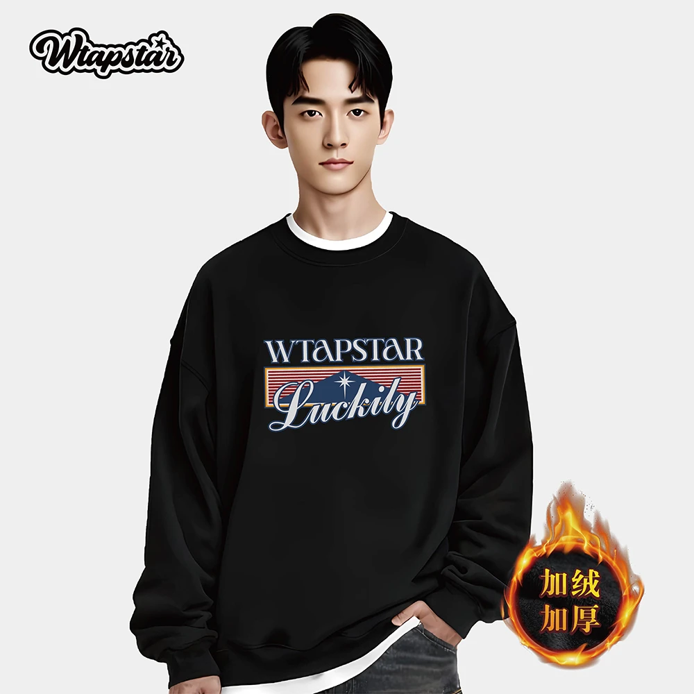 秋冬男女同款宽松美式长袖复古印花潮牌Vintage加绒卫衣百搭款情