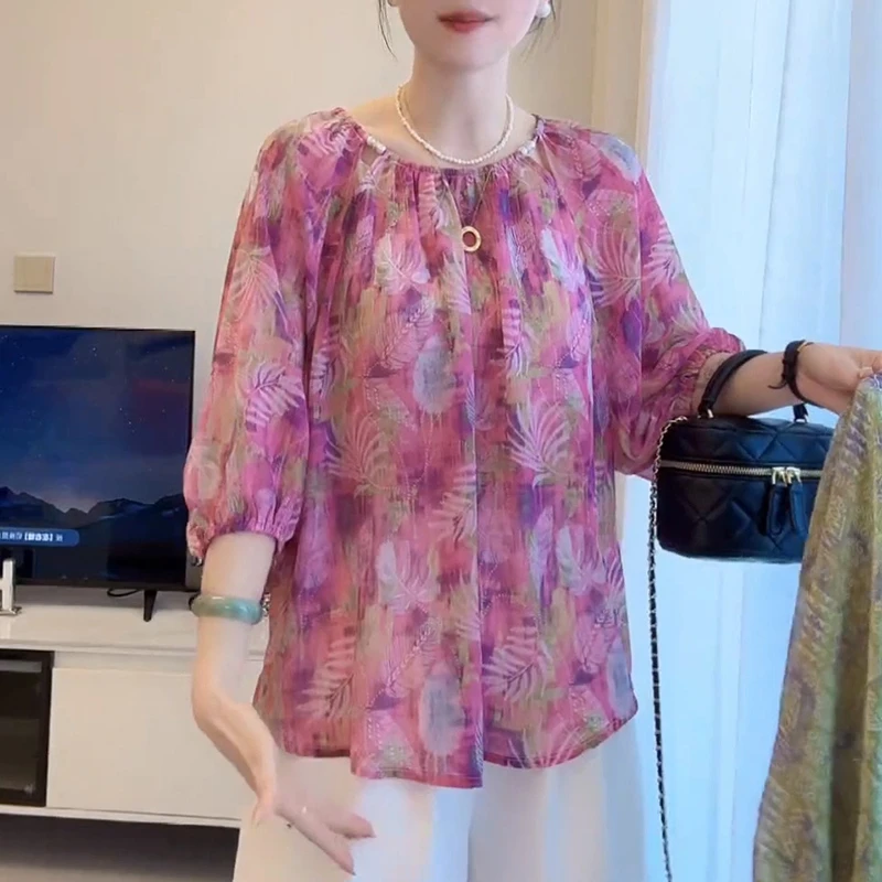 欧货2025夏季新款法式小资绝美圆领衬衫气质时尚宽松减龄碎花小衫
