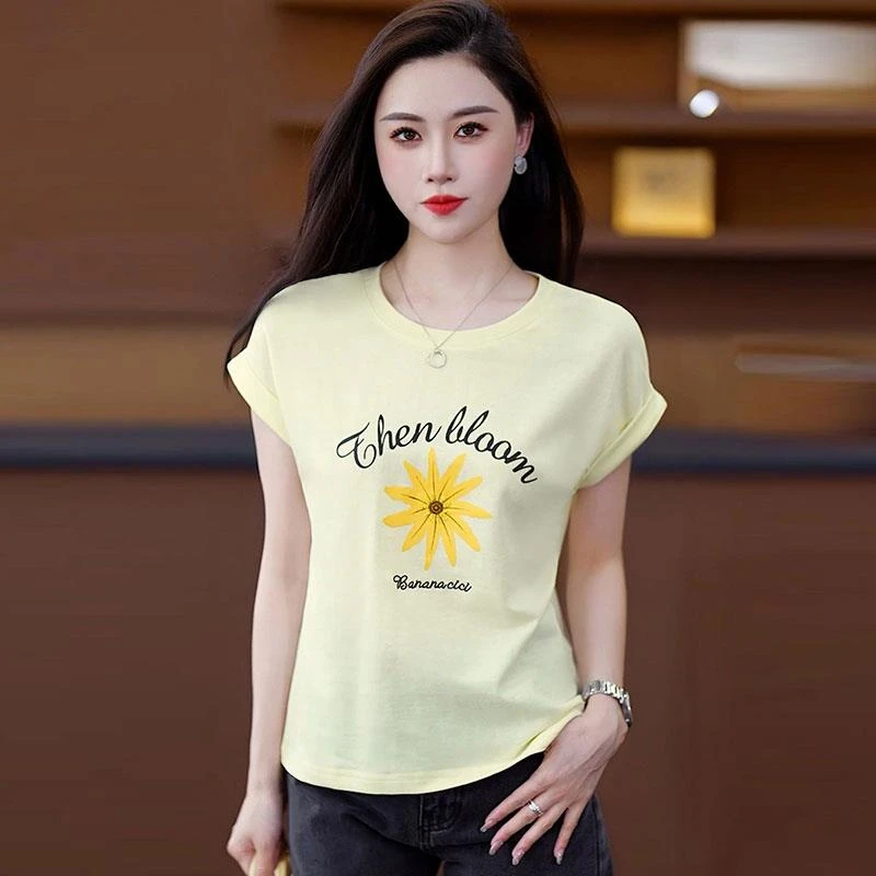 洋气蕾丝拼接短袖T恤女宽松韩版时尚印花2025夏季薄款休闲体恤衫
