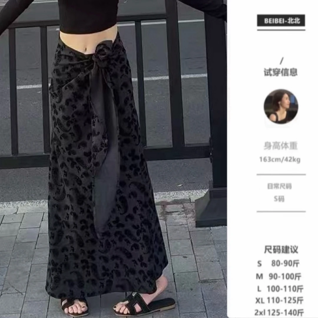 【北北】复古植绒印花半身裙女秋季设计感绑带高腰a字时尚气质长裙