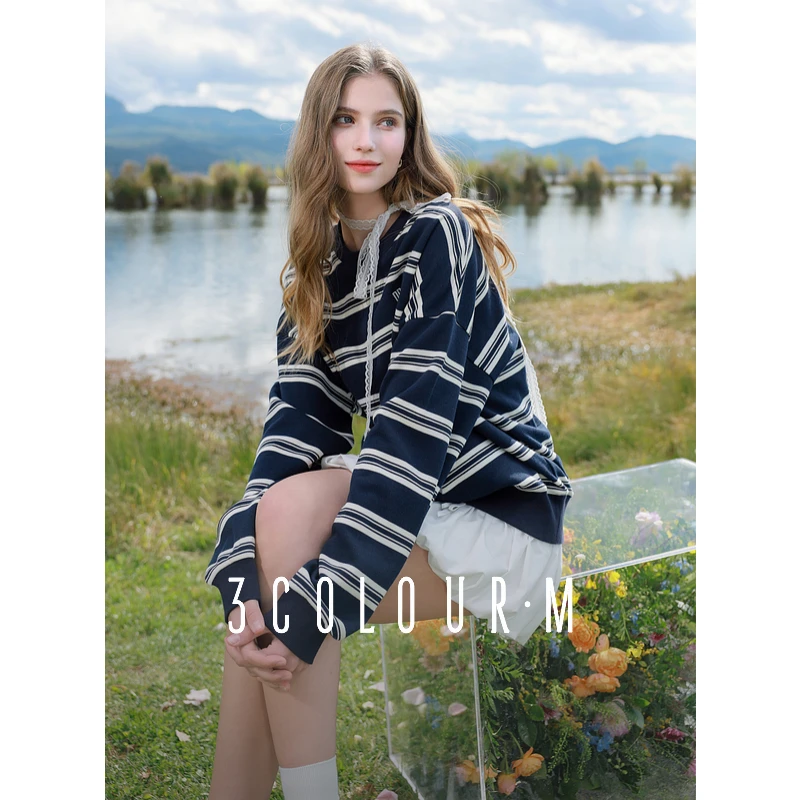 三彩2025春季新款复古撞色条纹字母卫衣圆领套头衫宽松休闲M