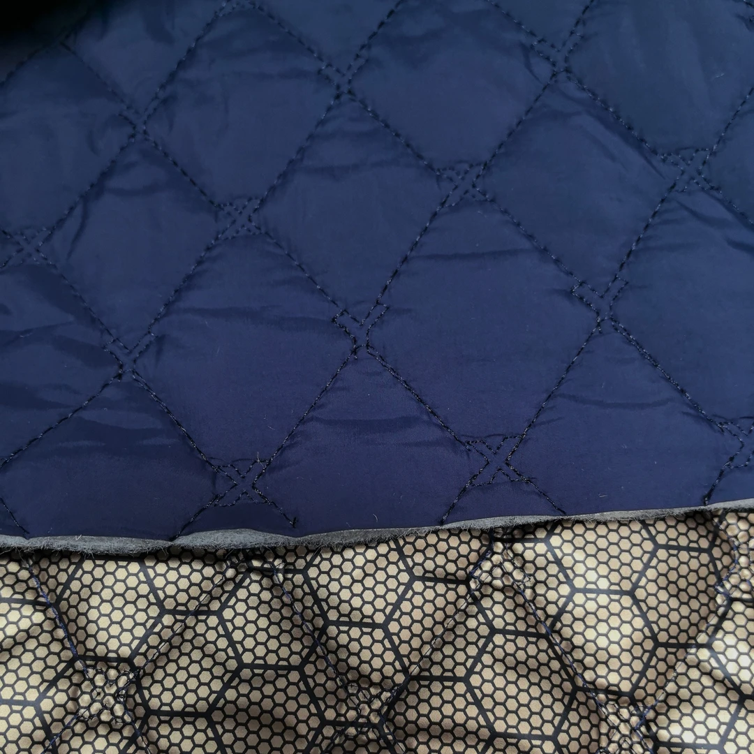 藏蓝色全羊绒絮片六合一重工刺绣绗棉布料