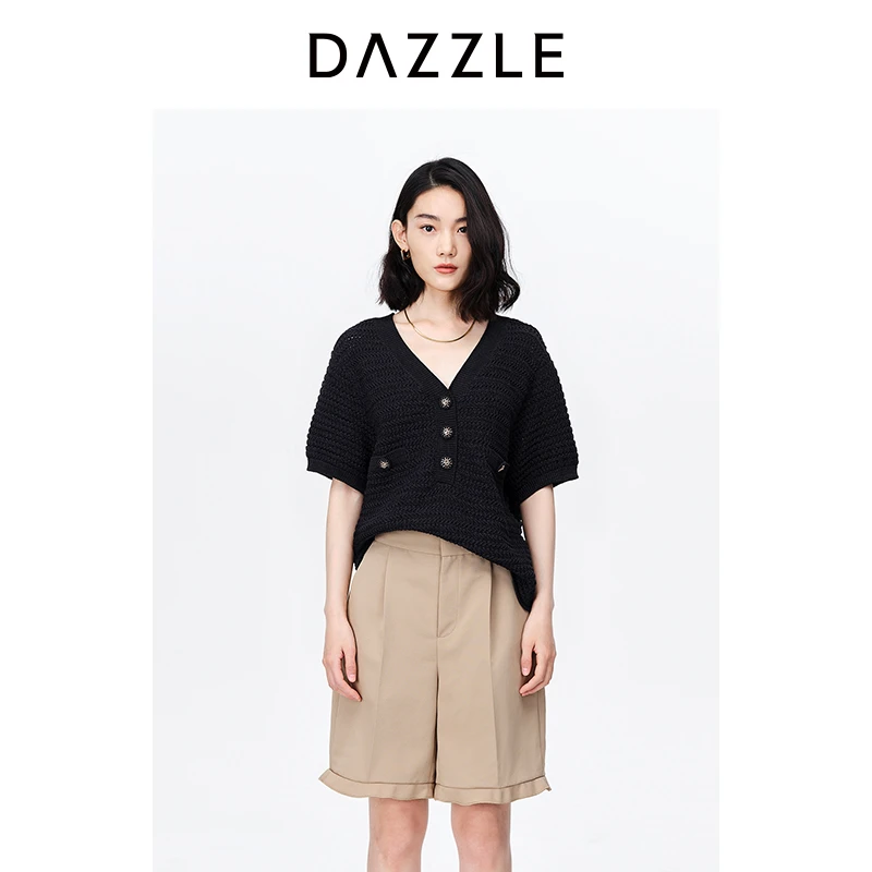 DAZZLE地素2023夏装新款小香风宽松落肩肌理感针织衫女2H2E332