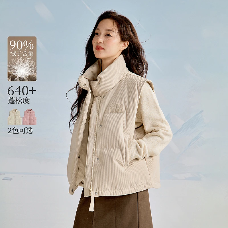 【双11提前购】茵曼25冬季复古灯芯绒立领羽绒马甲显瘦百搭宽松外套