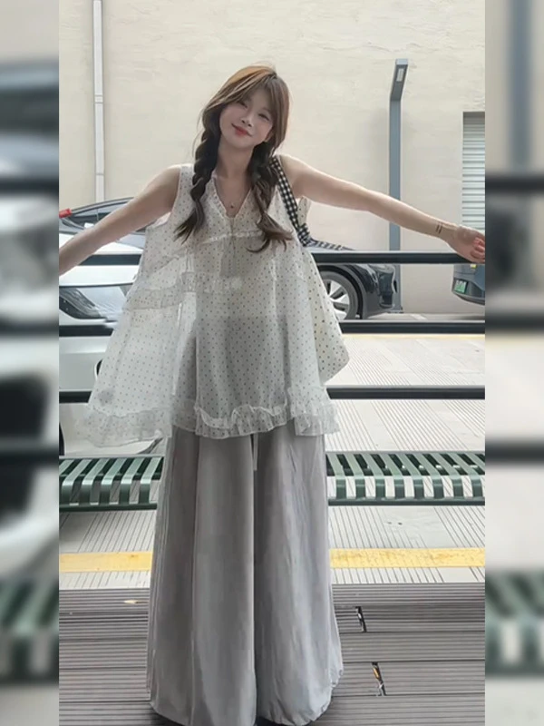 韩风chic气质减龄波点无袖上衣女装2025夏季新款阔腿裤慵懒风套装