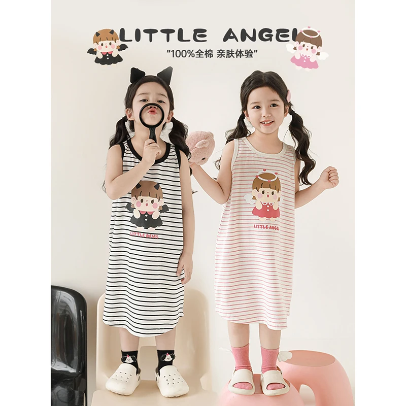 幼悠女童夏装恶魔天使条纹背心连衣裙森系可爱超萌儿童衣服X4679