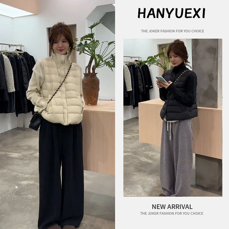 入秋穿搭一整套女装2025新款韩版针织拼接棉服外套休闲裤两件套