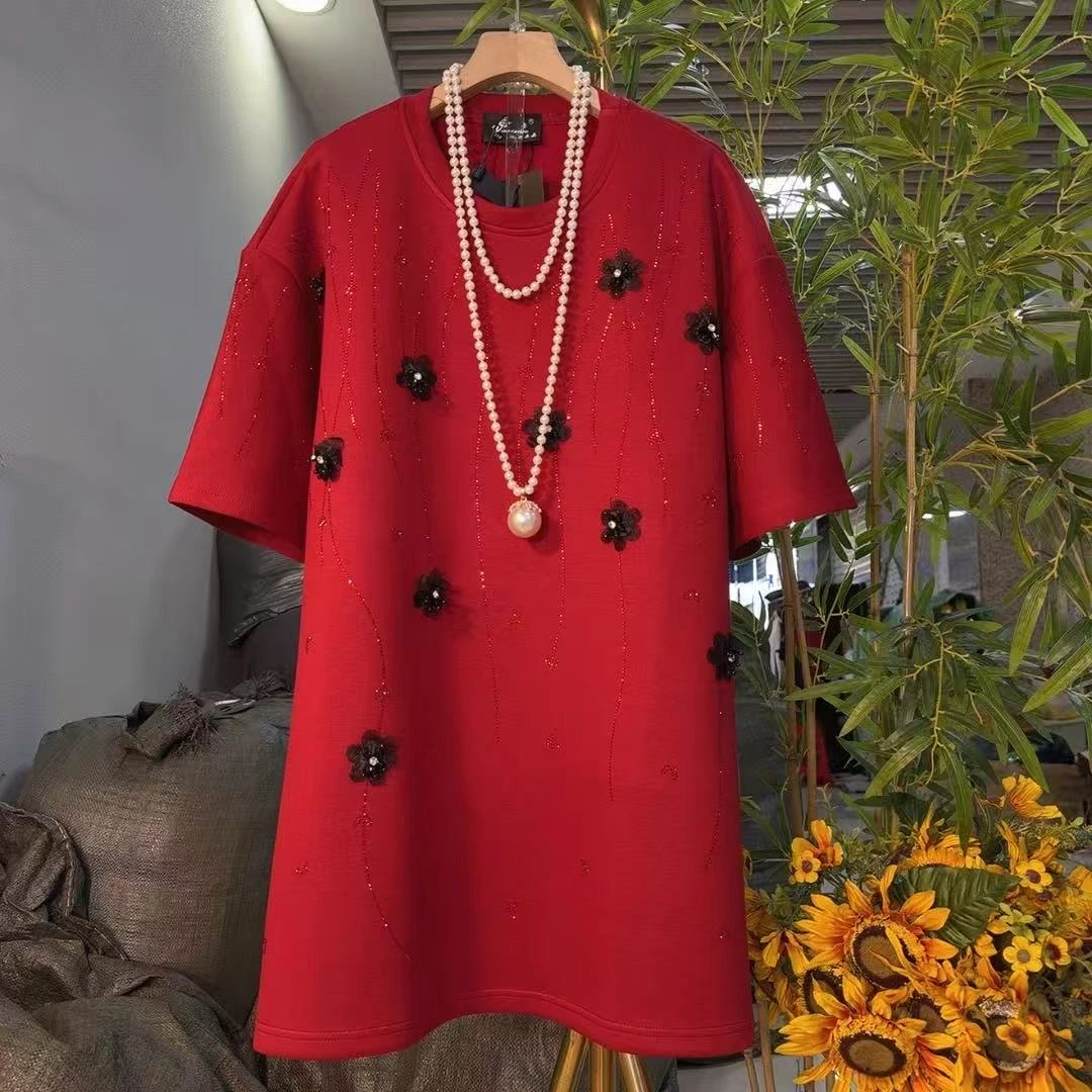 时尚新款花朵亮钻T恤中长款百搭欧韩欧货大气个性潮女短袖85277