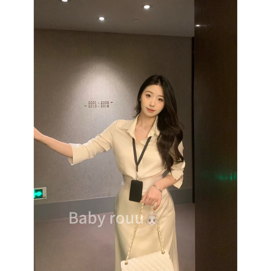 baby rouu温与柔【月光独奏】气质简约收腰显瘦缎面衬衫春季套装