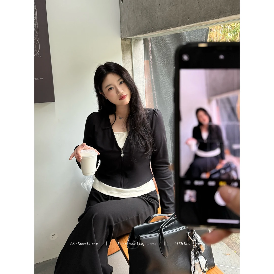 【现】知葵微胖定制【lu系制作】早春韩系假两件正肩上衣12241MZS4777