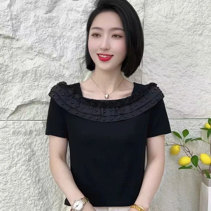 时尚新款洋气别致钉珠玫瑰花短袖T恤设计感小众上衣2532