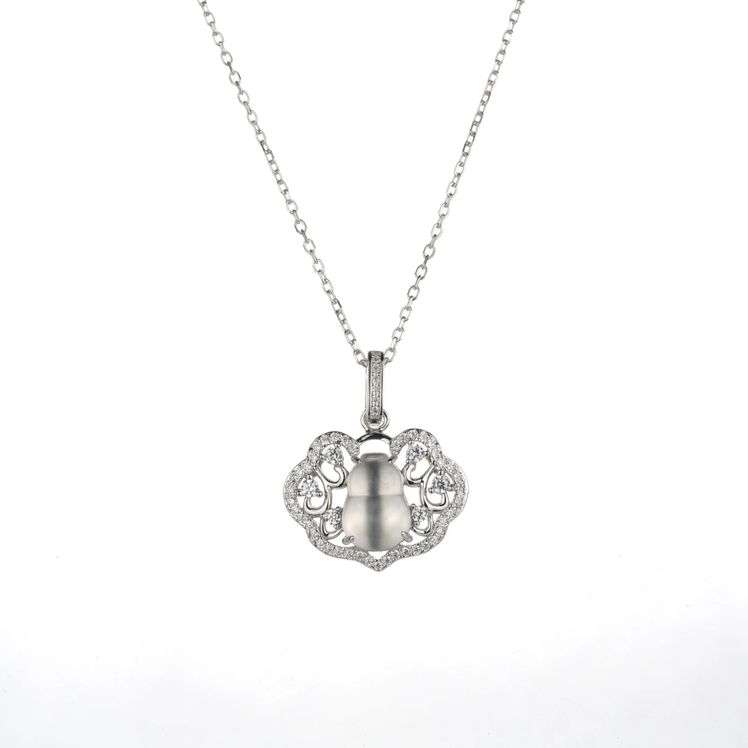 坠链均925银合成锆石 白色满钻镂空如意葫芦豪镶百搭项链0424