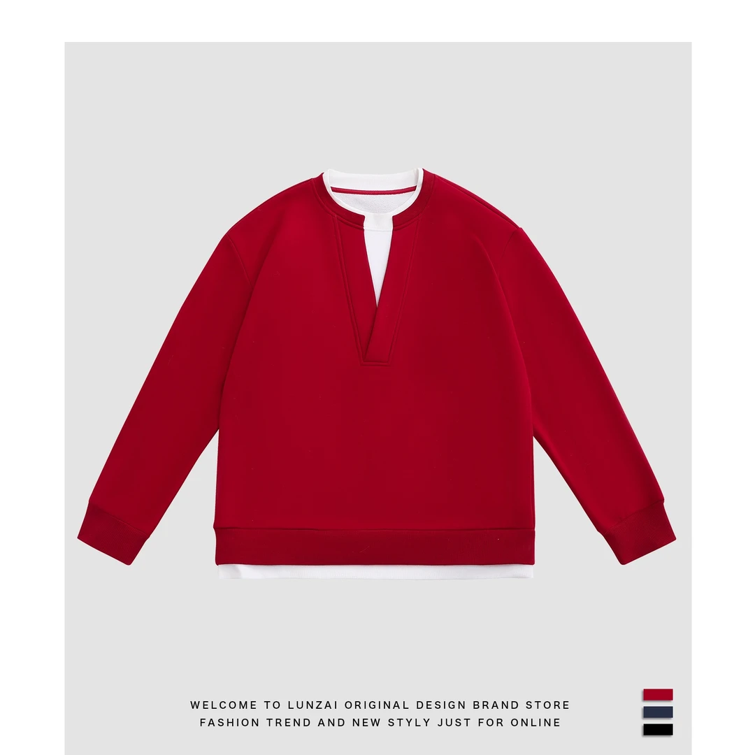 2025新款红色假两件设计款长袖V领卫衣打底男女同款情侣休闲慵懒