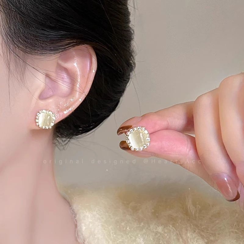 纯铜耳饰 小方糖猫眼石贝珠耳钉女轻奢高级精致新款爆款气质耳饰