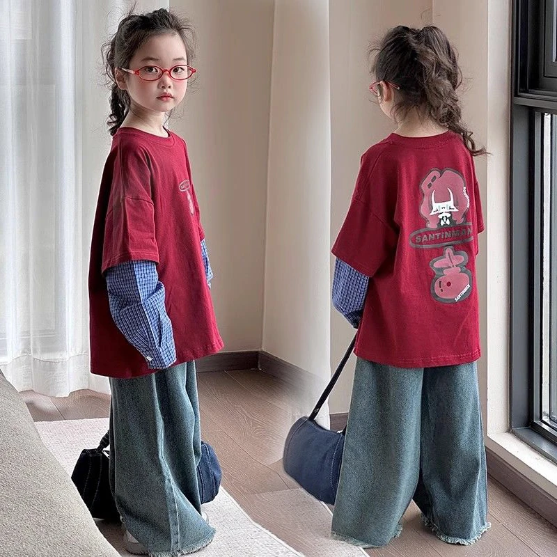 中大童春秋款假两件长袖T恤2025新款女童秋季上衣儿童服装打底衫