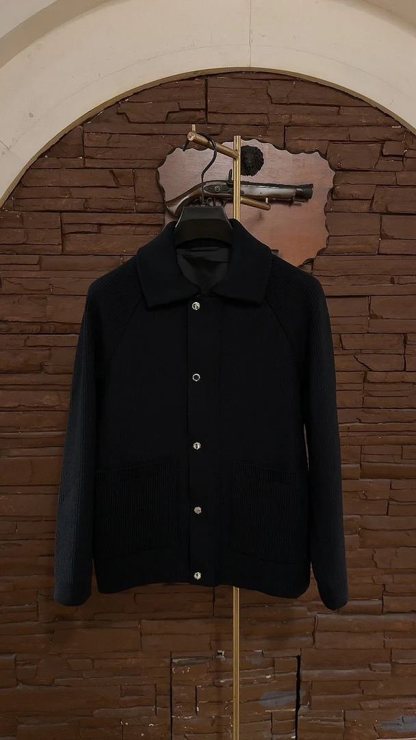 2025秋冬男士翻领长袖纽扣拼皮针织休闲偏商务高品质欧货夹克外套