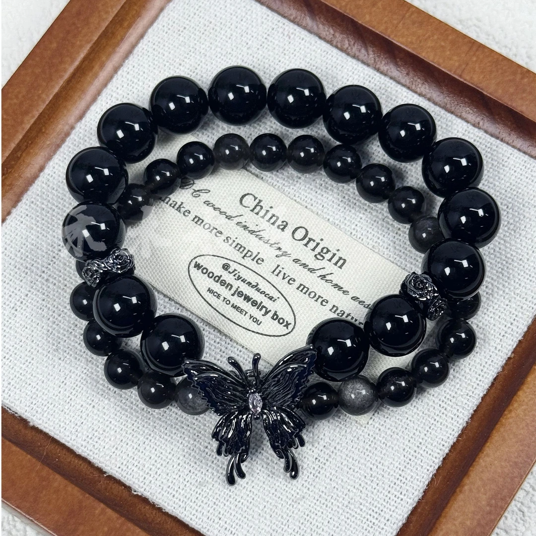 1204-【黑蝴蝶】黑曜石双圈手串甜酷天然小众设计手链