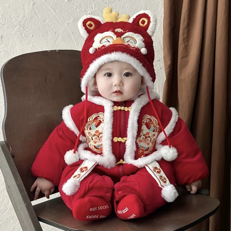 婴儿拜年服连体衣冬宝宝加厚红色新年装哈衣过年喜庆衣服外出棉服