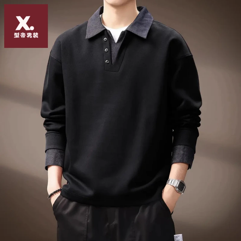 美式复古假两件撞色高端拼接重磅卫衣男士秋冬加绒翻领牛仔Polo衫