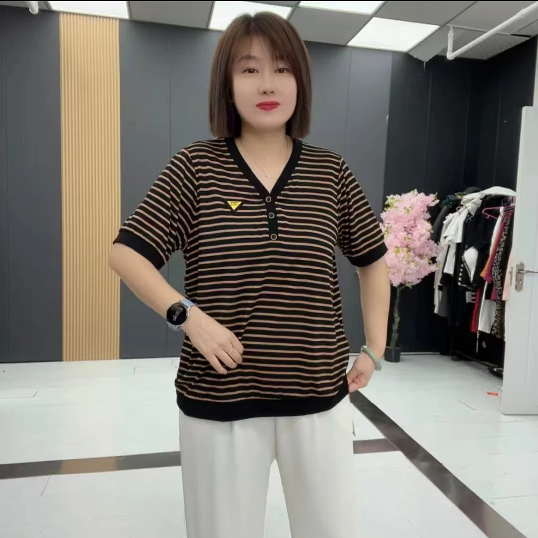 1698-大码V领条纹半袖上衣