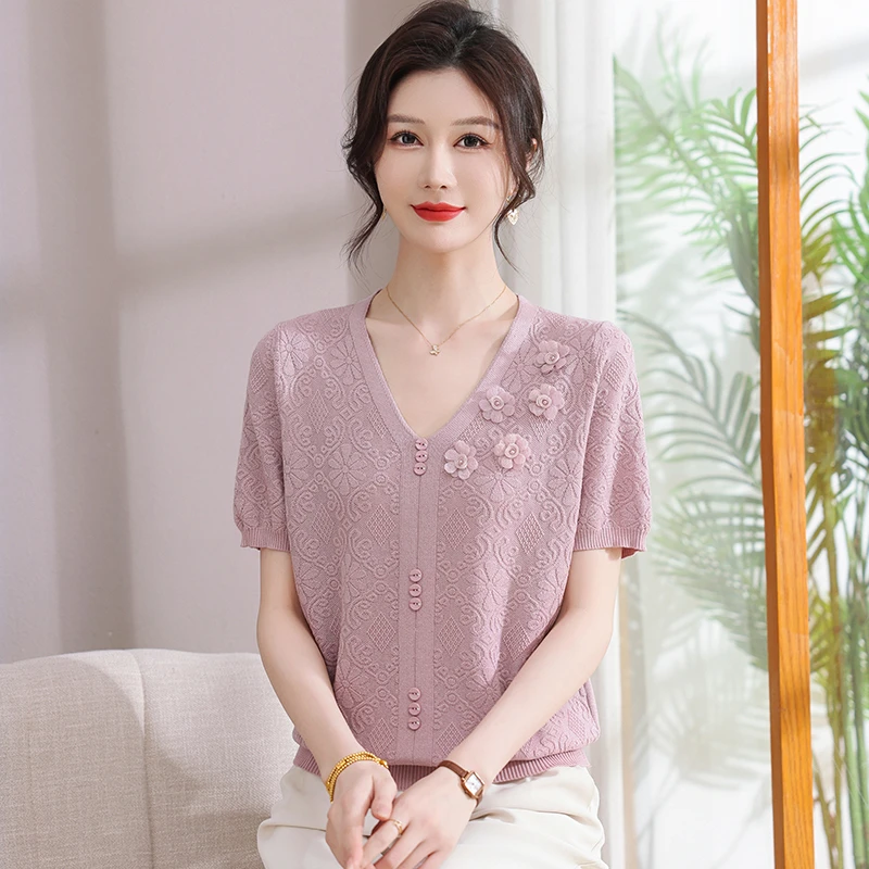 母亲节新款气质短袖针织衫中老年百搭减龄小衫宽松显瘦T桖衫薄款