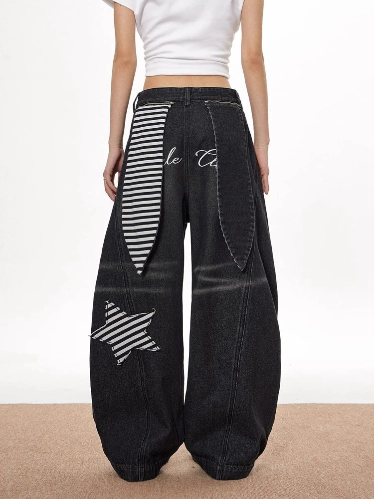 美式可拆卸贴布设计感阔腿牛仔裤女夏季潮酷宽松垂感休闲直筒裤子